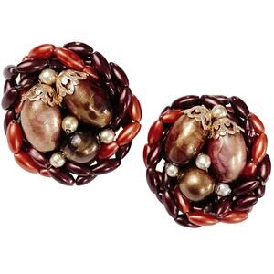 Vintage Hong Kong Beaded Cluster Clip On Earrings Mid Century 1960s Autumn Tones